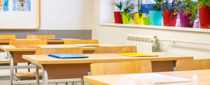 stock photo empty desks in empty classroom